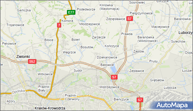 mapa Dziekanowice gmina Zielonki, Dziekanowice gmina Zielonki na mapie Targeo