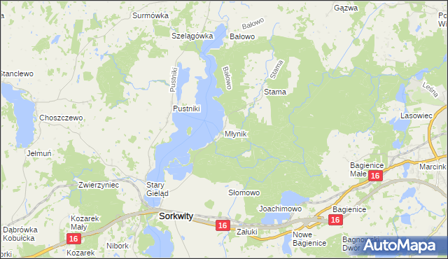 mapa Młynik gmina Sorkwity, Młynik gmina Sorkwity na mapie Targeo