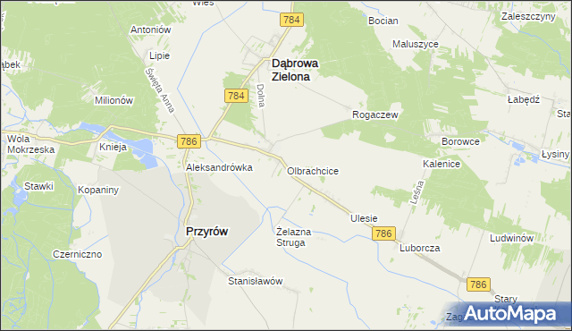 mapa Olbrachcice gmina Dąbrowa Zielona, Olbrachcice gmina Dąbrowa Zielona na mapie Targeo