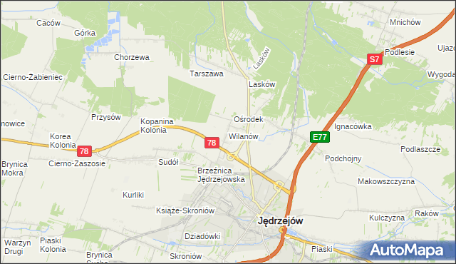 mapa Wilanów gmina Jędrzejów, Wilanów gmina Jędrzejów na mapie Targeo