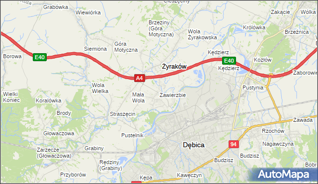 mapa Zawierzbie gmina Żyraków, Zawierzbie gmina Żyraków na mapie Targeo