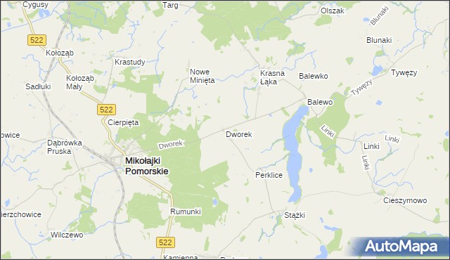 mapa Dworek gmina Mikołajki Pomorskie, Dworek gmina Mikołajki Pomorskie na mapie Targeo
