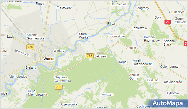 mapa Zakrzew gmina Grabów nad Pilicą, Zakrzew gmina Grabów nad Pilicą na mapie Targeo