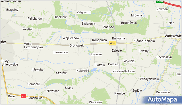 mapa Bronów gmina Wartkowice, Bronów gmina Wartkowice na mapie Targeo
