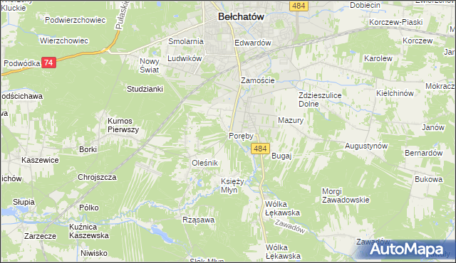 mapa Poręby gmina Bełchatów, Poręby gmina Bełchatów na mapie Targeo