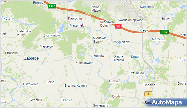 mapa Rojków gmina Zapolice, Rojków gmina Zapolice na mapie Targeo