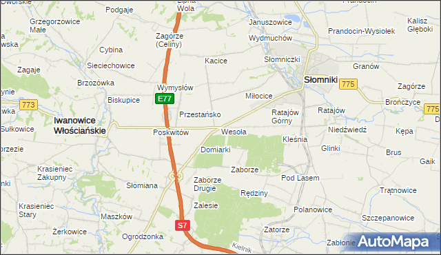mapa Wesoła gmina Słomniki, Wesoła gmina Słomniki na mapie Targeo