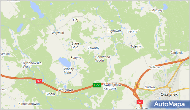 mapa Czerwona Woda gmina Olsztynek, Czerwona Woda gmina Olsztynek na mapie Targeo