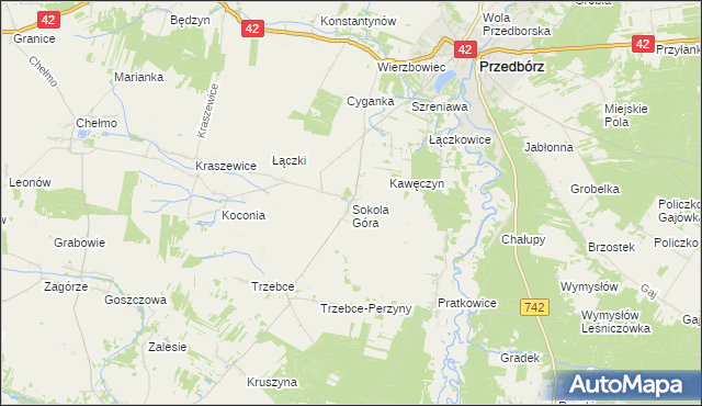 mapa Sokola Góra gmina Wielgomłyny, Sokola Góra gmina Wielgomłyny na mapie Targeo
