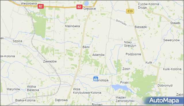 mapa Adamów gmina Cyców, Adamów gmina Cyców na mapie Targeo