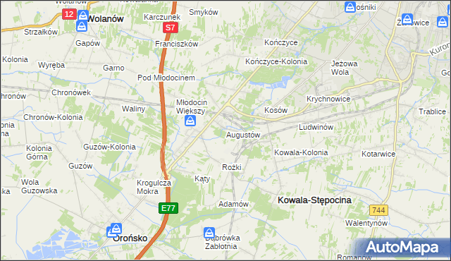 mapa Augustów gmina Kowala, Augustów gmina Kowala na mapie Targeo