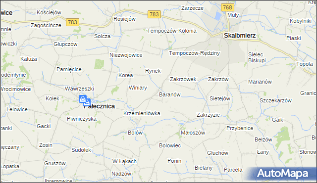 mapa Baranów gmina Skalbmierz, Baranów gmina Skalbmierz na mapie Targeo