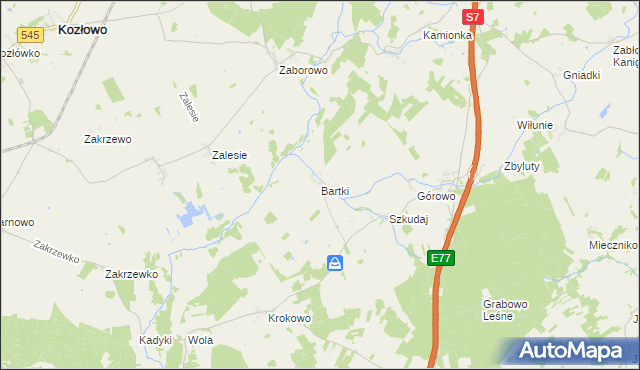 mapa Bartki gmina Kozłowo, Bartki gmina Kozłowo na mapie Targeo