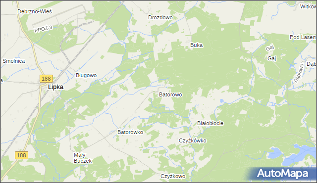 mapa Batorowo gmina Lipka, Batorowo gmina Lipka na mapie Targeo