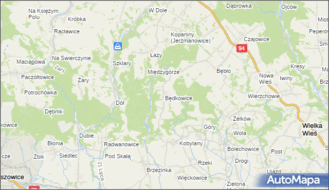 mapa Będkowice gmina Wielka Wieś, Będkowice gmina Wielka Wieś na mapie Targeo