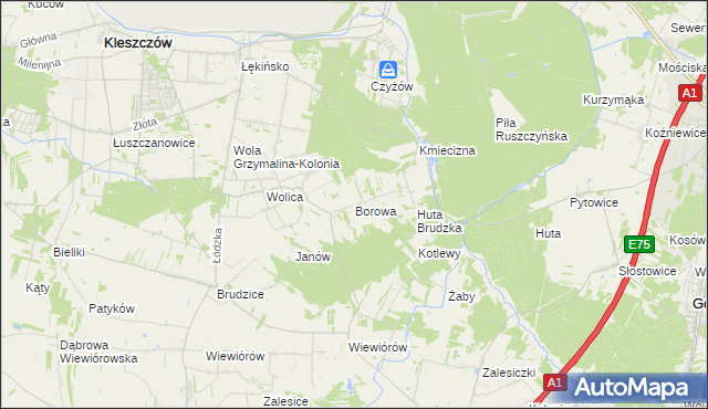 mapa Borowa gmina Dobryszyce, Borowa gmina Dobryszyce na mapie Targeo