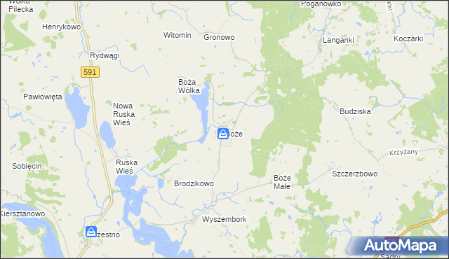 mapa Boże gmina Mrągowo, Boże gmina Mrągowo na mapie Targeo