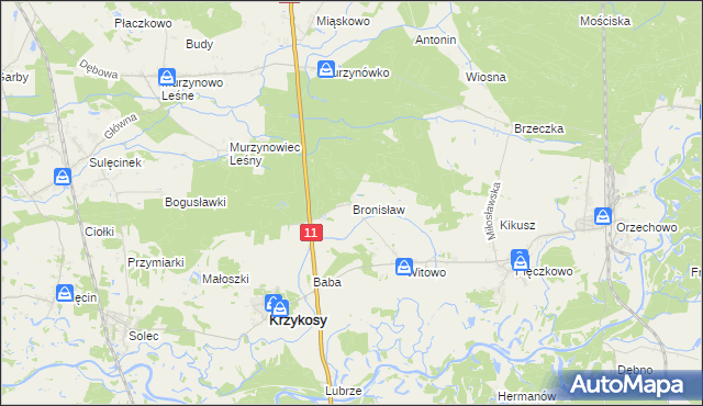 mapa Bronisław gmina Krzykosy, Bronisław gmina Krzykosy na mapie Targeo
