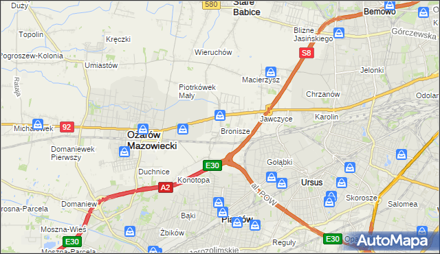 mapa Bronisze gmina Ożarów Mazowiecki, Bronisze gmina Ożarów Mazowiecki na mapie Targeo