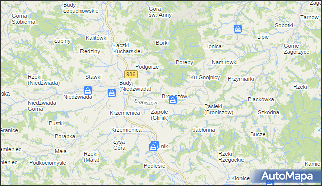 mapa Broniszów gmina Wielopole Skrzyńskie, Broniszów gmina Wielopole Skrzyńskie na mapie Targeo