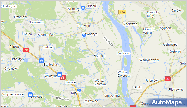mapa Brześce gmina Góra Kalwaria, Brześce gmina Góra Kalwaria na mapie Targeo