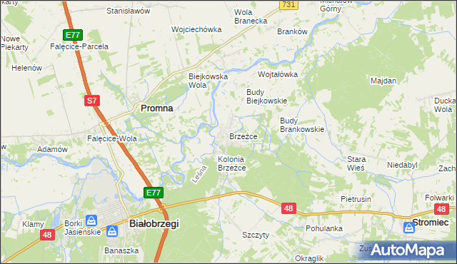 mapa Brzeźce gmina Białobrzegi, Brzeźce gmina Białobrzegi na mapie Targeo