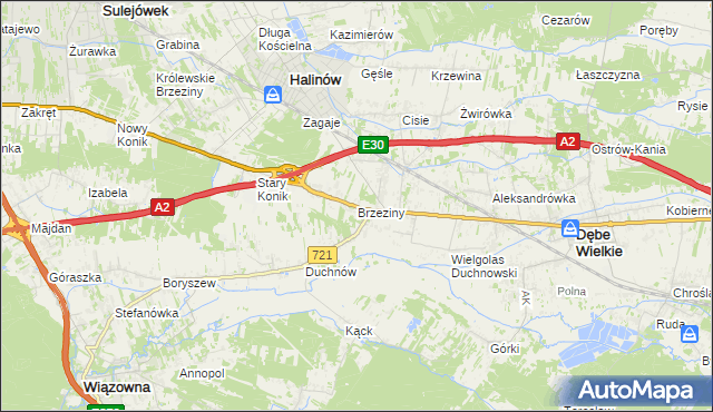 mapa Brzeziny gmina Halinów, Brzeziny gmina Halinów na mapie Targeo