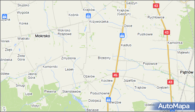 mapa Brzeziny gmina Mokrsko, Brzeziny gmina Mokrsko na mapie Targeo
