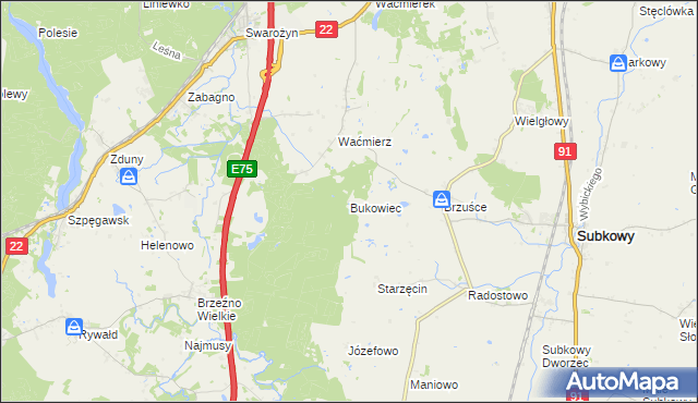 mapa Bukowiec gmina Subkowy, Bukowiec gmina Subkowy na mapie Targeo