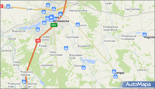 mapa Byszewice gmina Rawa Mazowiecka, Byszewice gmina Rawa Mazowiecka na mapie Targeo