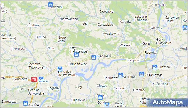 mapa Charzewice, Charzewice na mapie Targeo