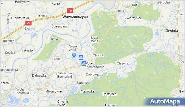 mapa Chobot gmina Niepołomice, Chobot gmina Niepołomice na mapie Targeo