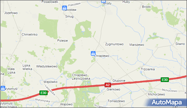 mapa Chraplewo gmina Kuślin, Chraplewo gmina Kuślin na mapie Targeo