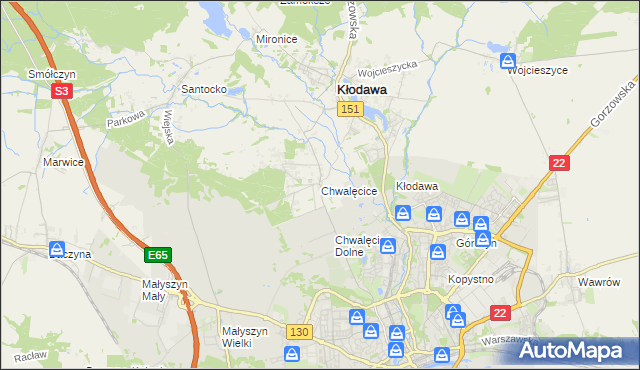 mapa Chwalęcice gmina Kłodawa, Chwalęcice gmina Kłodawa na mapie Targeo