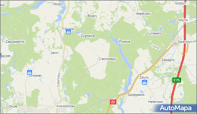 mapa Ciecholewy gmina Starogard Gdański, Ciecholewy gmina Starogard Gdański na mapie Targeo