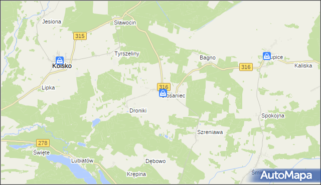 mapa Ciosaniec gmina Sława, Ciosaniec gmina Sława na mapie Targeo