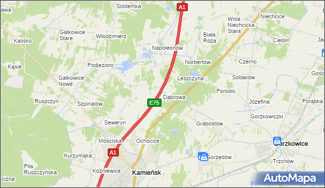 mapa Dąbrowa gmina Kamieńsk, Dąbrowa gmina Kamieńsk na mapie Targeo