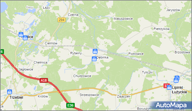 mapa Dębinka gmina Trzebiel, Dębinka gmina Trzebiel na mapie Targeo