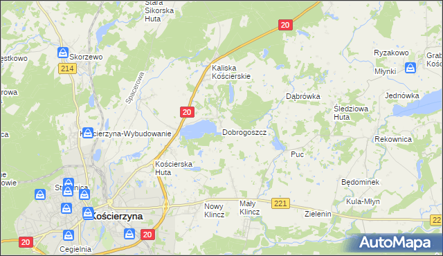 mapa Dobrogoszcz gmina Kościerzyna, Dobrogoszcz gmina Kościerzyna na mapie Targeo