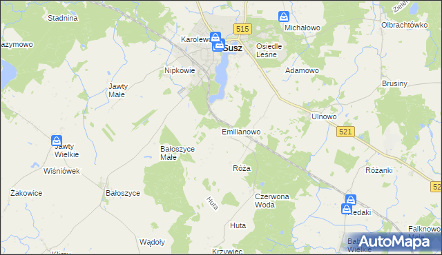 mapa Emilianowo gmina Susz, Emilianowo gmina Susz na mapie Targeo