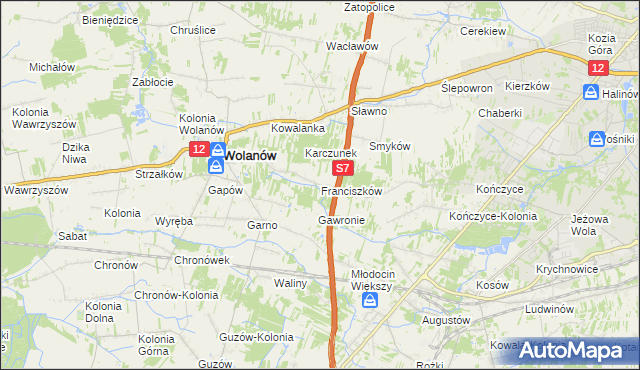 mapa Franciszków gmina Wolanów, Franciszków gmina Wolanów na mapie Targeo