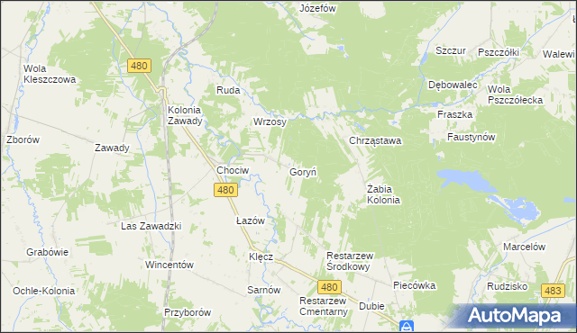 mapa Goryń gmina Widawa, Goryń gmina Widawa na mapie Targeo