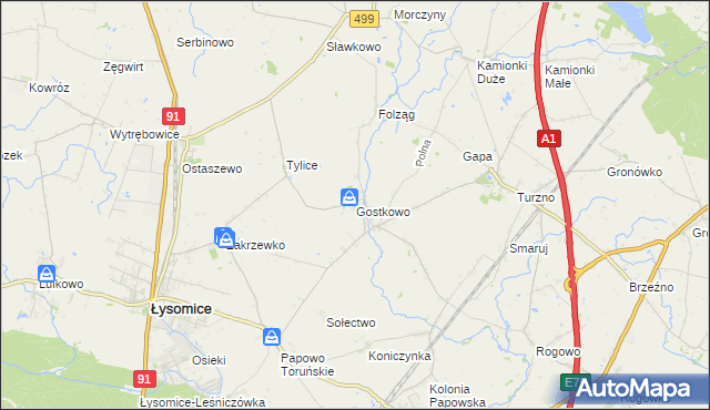 mapa Gostkowo gmina Łysomice, Gostkowo gmina Łysomice na mapie Targeo