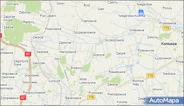 mapa Goszyce gmina Kocmyrzów-Luborzyca, Goszyce gmina Kocmyrzów-Luborzyca na mapie Targeo