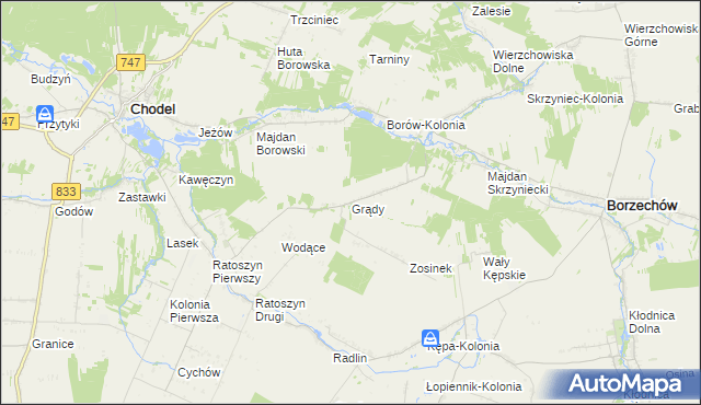 mapa Grądy gmina Chodel, Grądy gmina Chodel na mapie Targeo