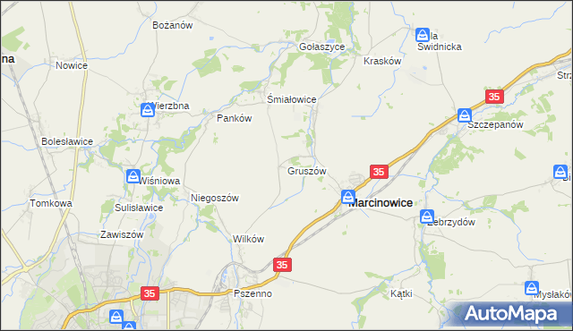 mapa Gruszów gmina Marcinowice, Gruszów gmina Marcinowice na mapie Targeo