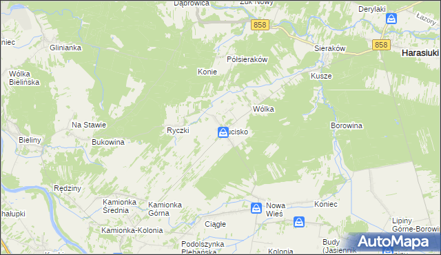 mapa Hucisko gmina Harasiuki, Hucisko gmina Harasiuki na mapie Targeo