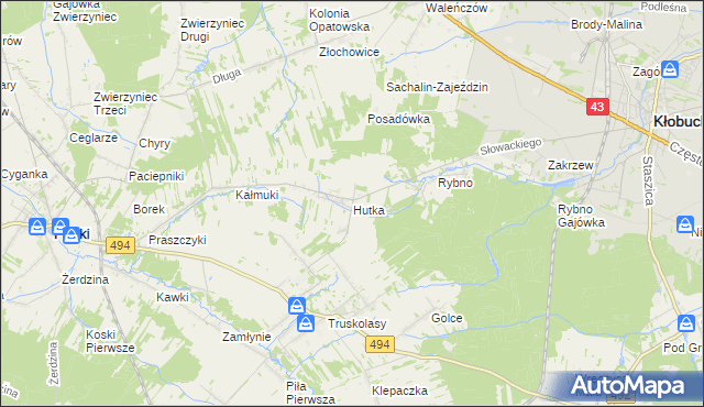 mapa Hutka gmina Wręczyca Wielka, Hutka gmina Wręczyca Wielka na mapie Targeo
