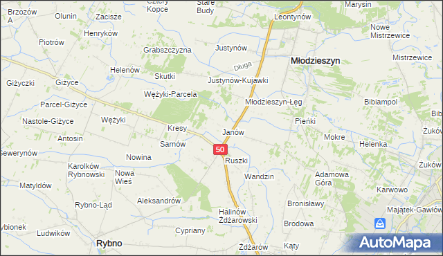 mapa Janów gmina Młodzieszyn, Janów gmina Młodzieszyn na mapie Targeo