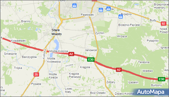 mapa Janowice gmina Stare Miasto, Janowice gmina Stare Miasto na mapie Targeo